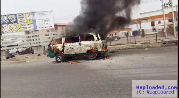 Photos: Commercial Bus Catches Fire On Lekki Expressway In Lagos